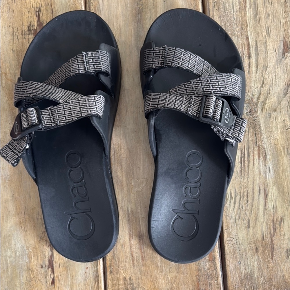Chaco Black and Gray Slide Sandals with Textured Straps